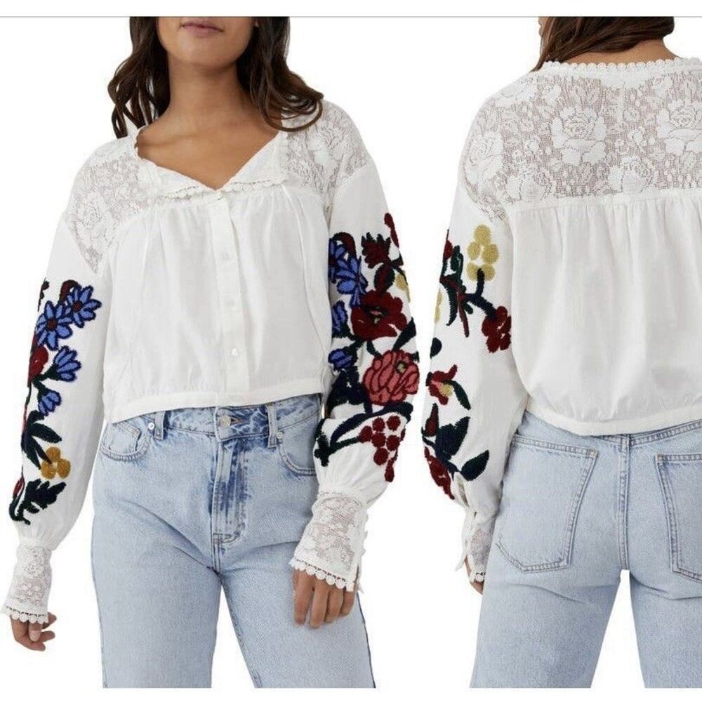 Free People Meadows Embroidered White Flowy Peasant Style Top Medium